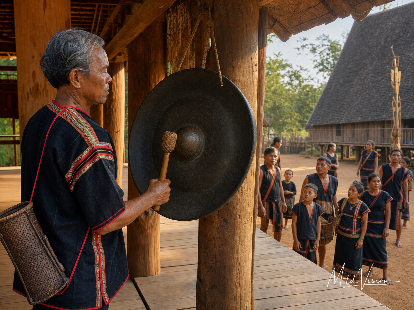 To beat a drum or gong to announce something.
