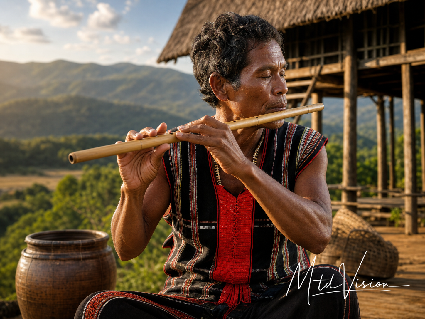 To blow across a musical instrument such as a flute.