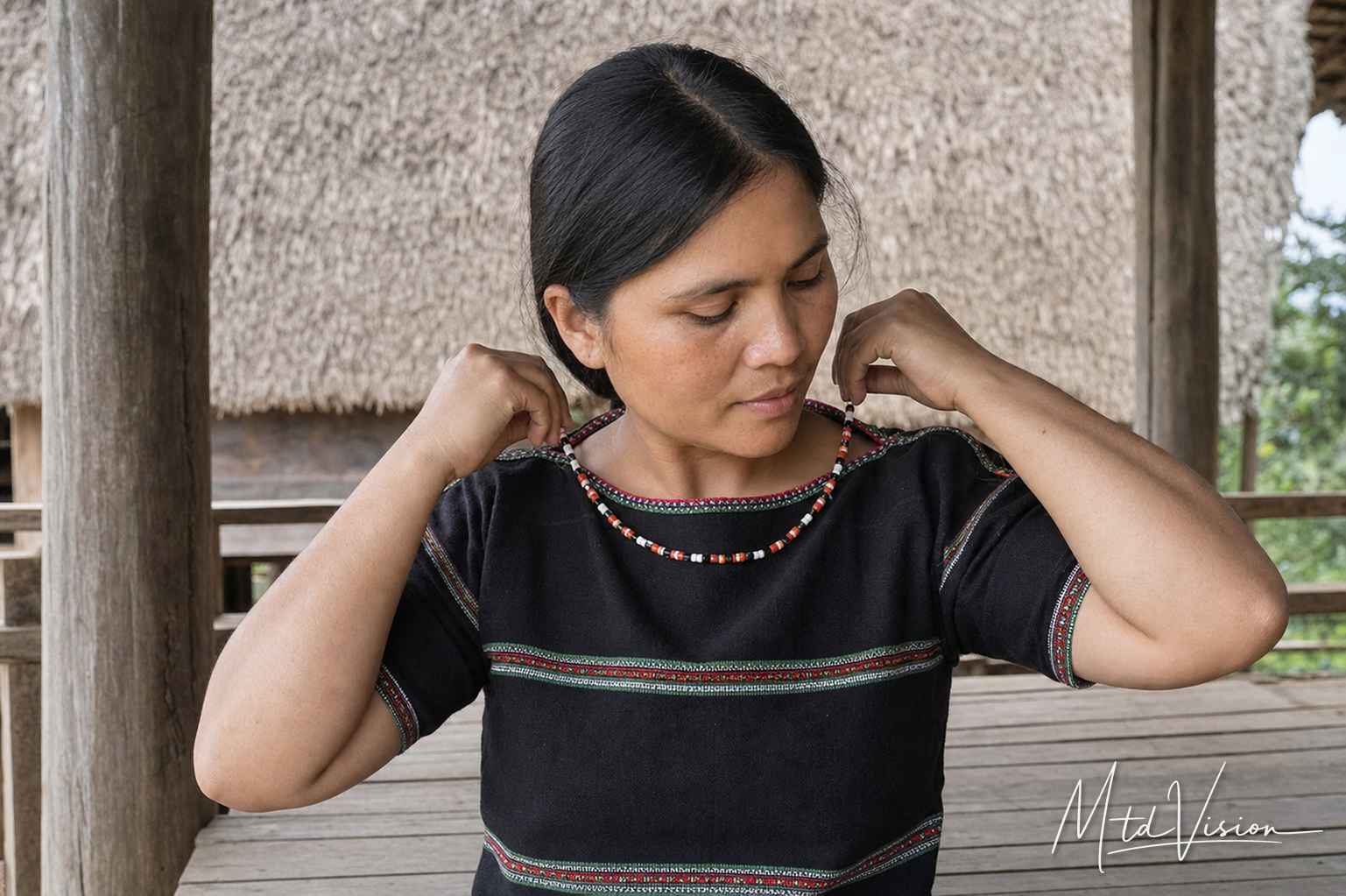 To wear or put something around one's own neck or hand.