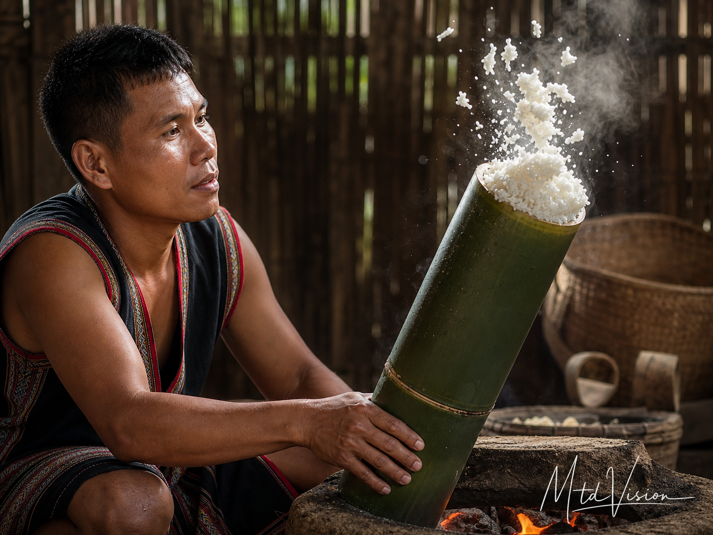 To shoot out (of food being cooked in bamboo tube).