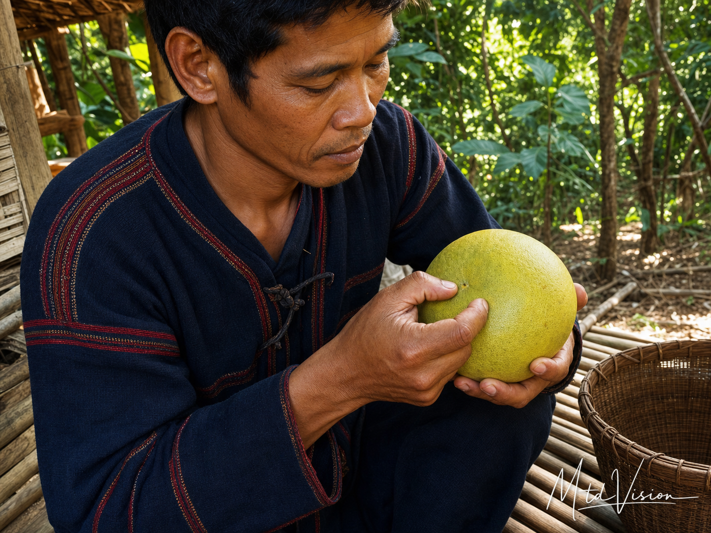 To bore a hole in fruit skin with one's fingernail before peeling.