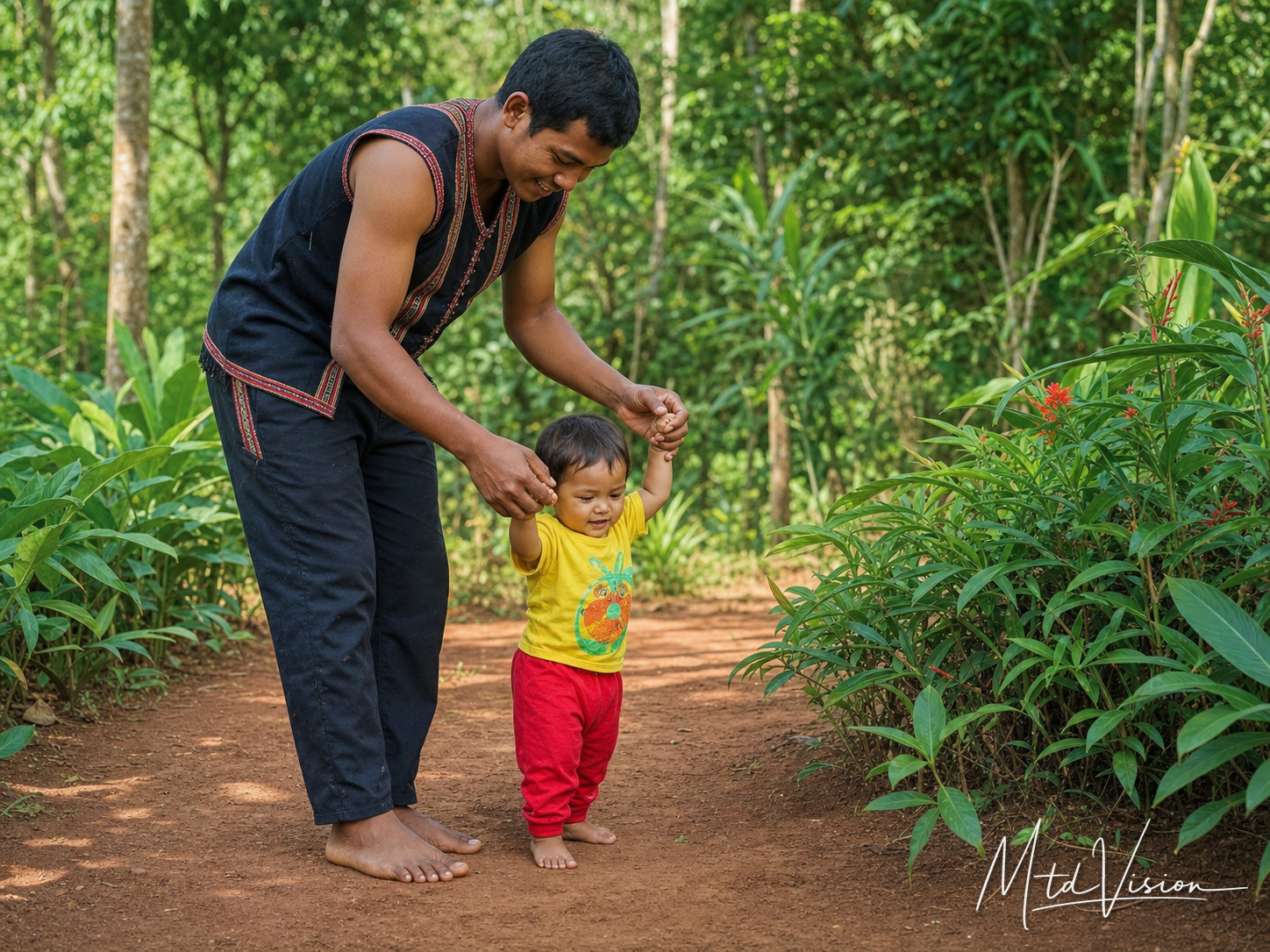 bi čung: To guide or support a child learning to walk.