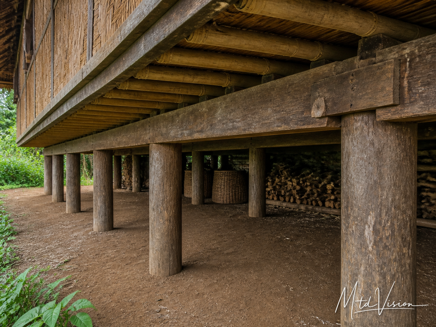 Wooden side beam connecting house posts at floor level and supporting the floor joists.
