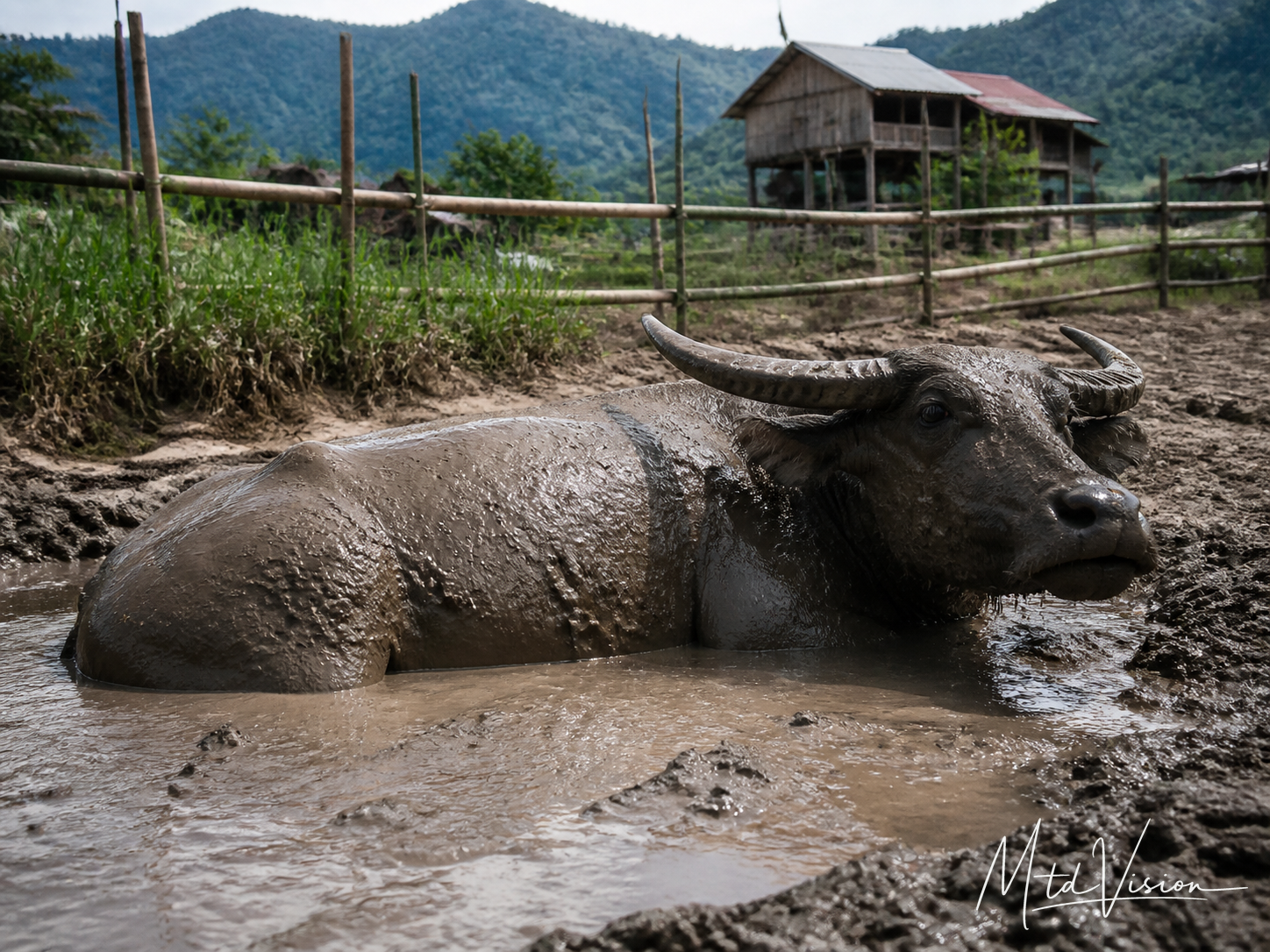 A buffalo wallowing in mud.