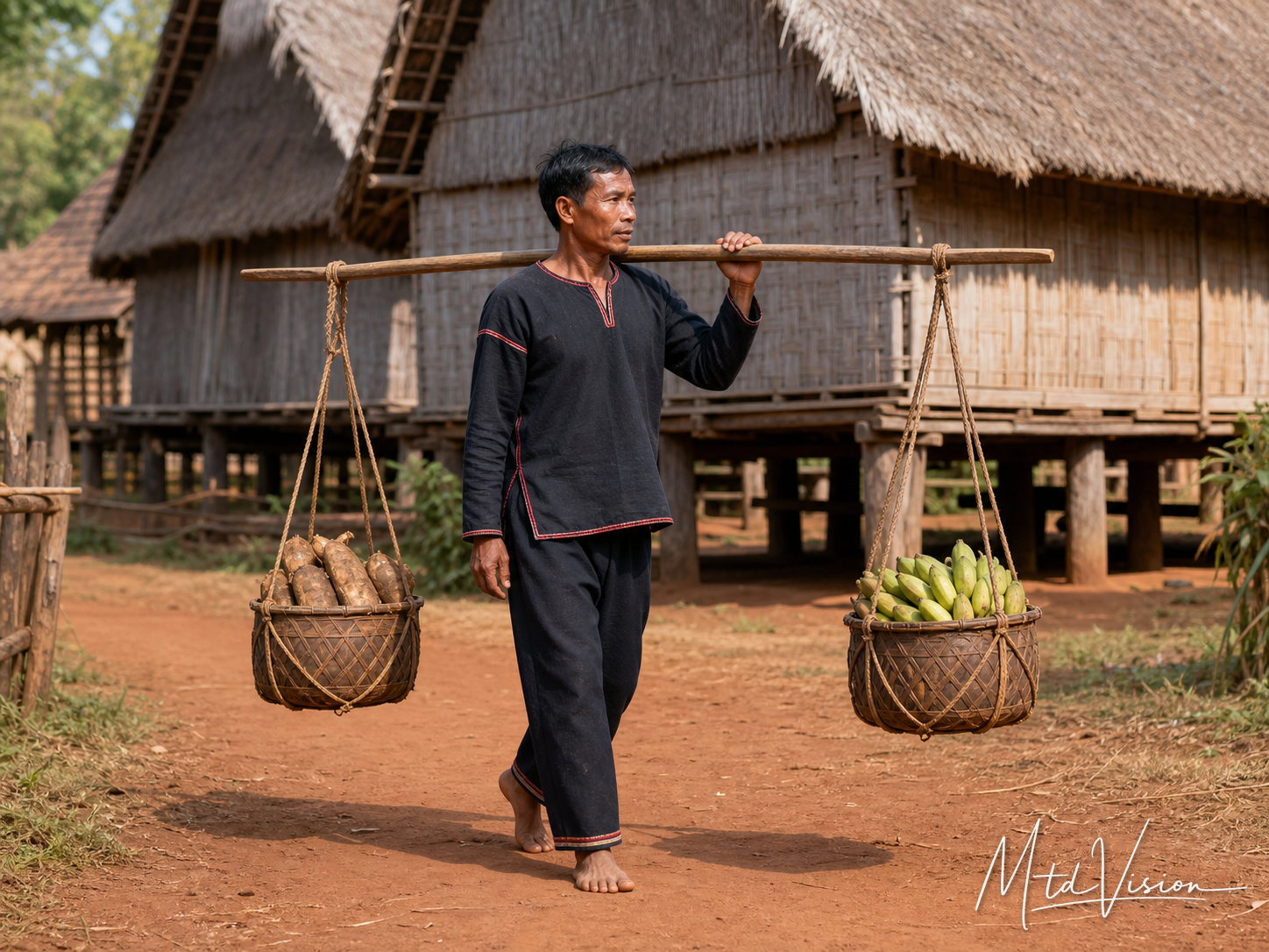 To carry two objects suspended from the ends of a pole balanced on one's shoulder.